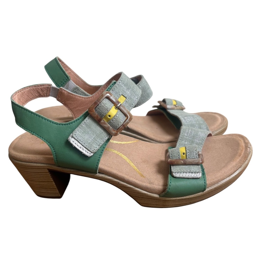 Naot Green Metallic Leather Block Heel Buckle Sandals Size 37 Made in Israel